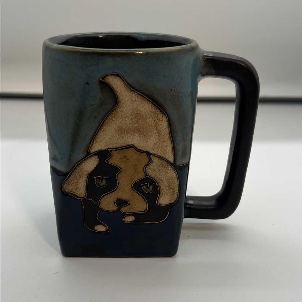 Mara Stoneware Pottery Coffee Mug, Brown Puppy Dogs, Square Bottom, 12 oz
